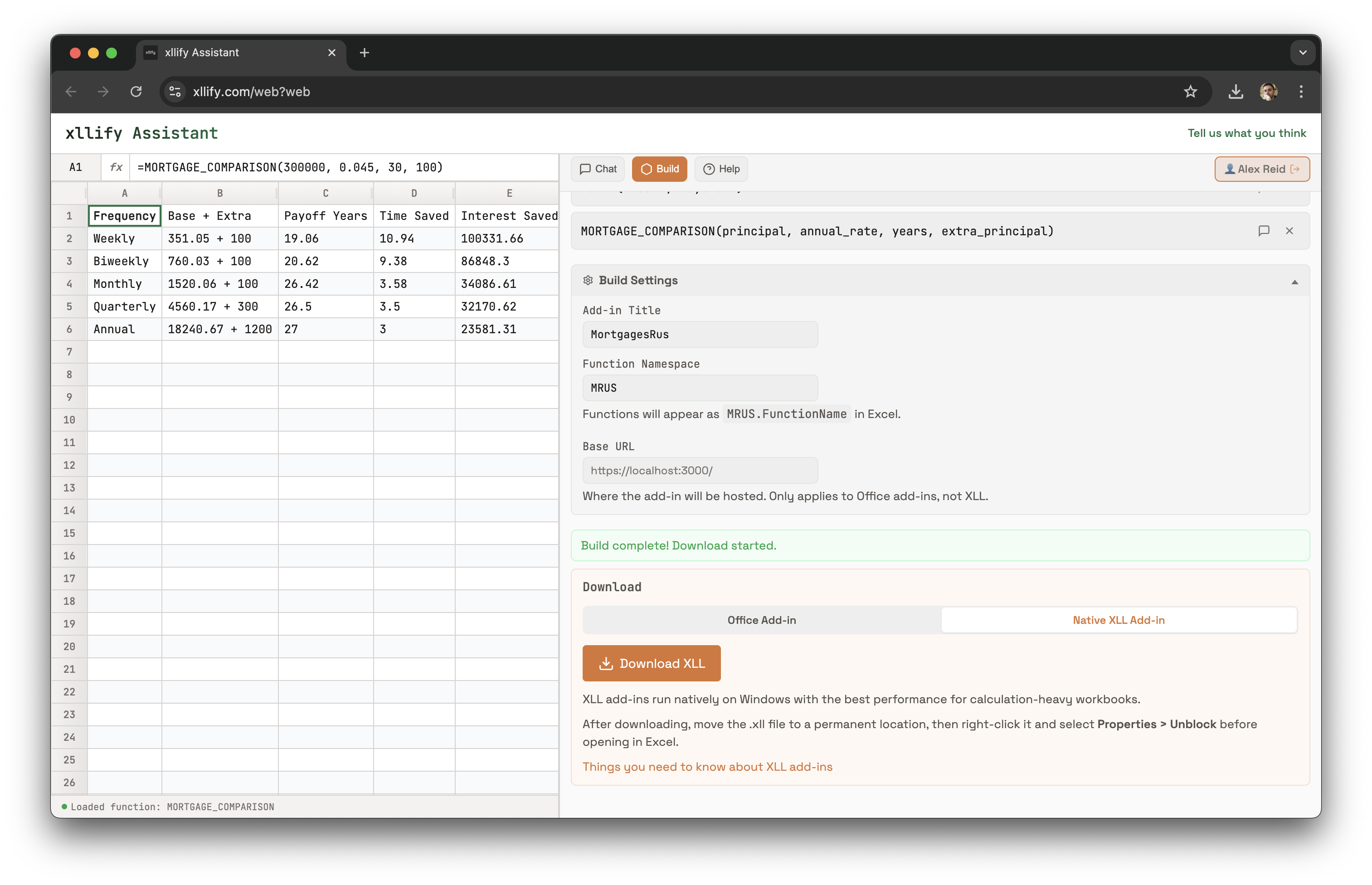 xllify build and download panel