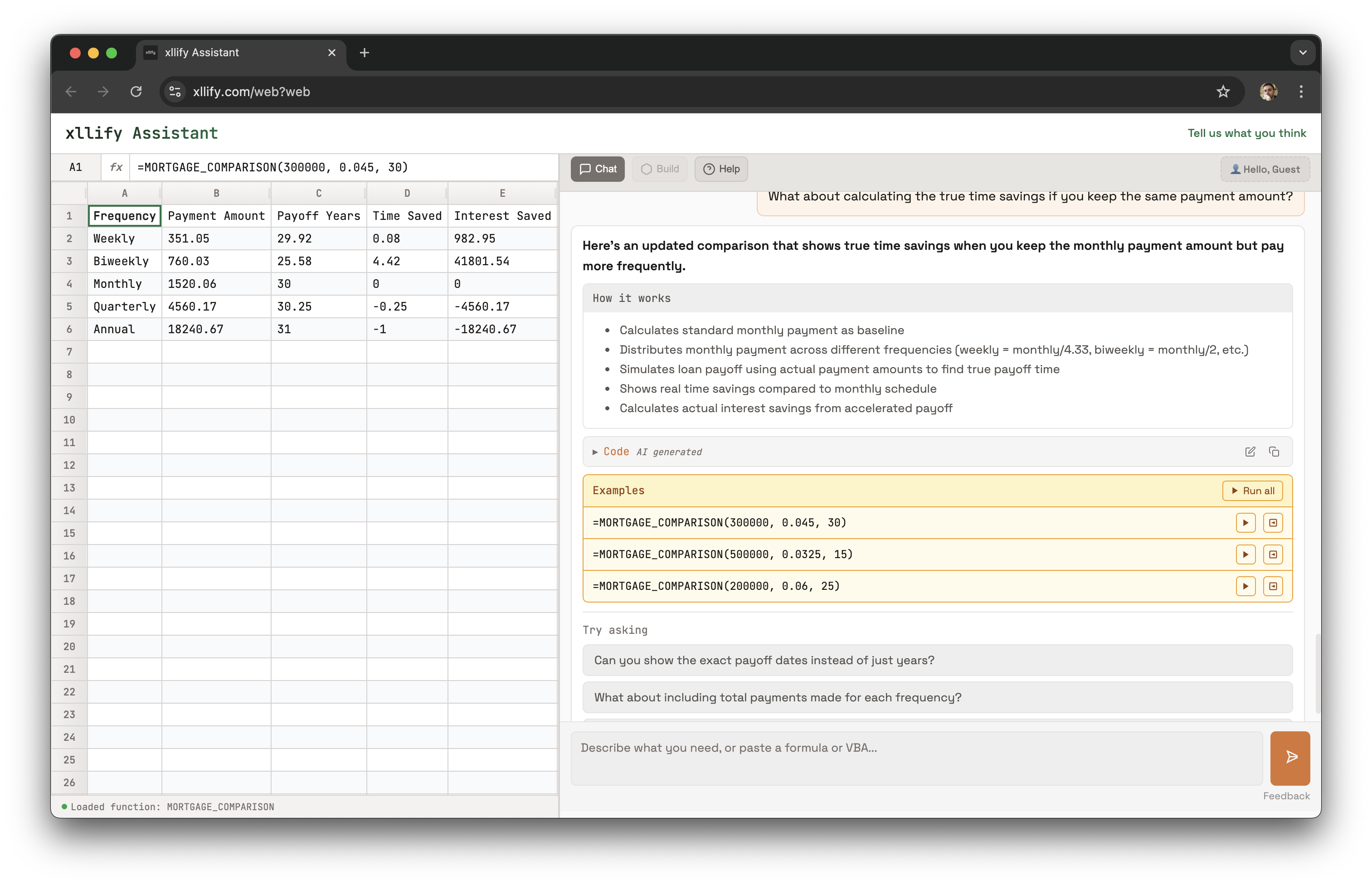 xllify Assistant building a mortgage comparison function
